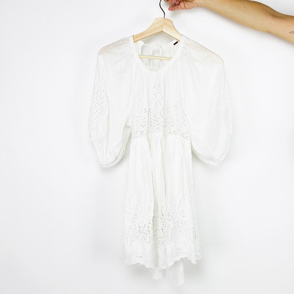 Free People White Eyelet Boho Flowy Balloon Sleeve Dress - Picture 2 of 8